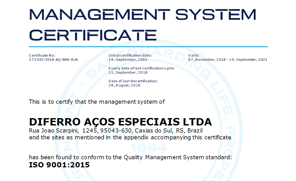 Diferro mantém a certificação ISO 9001:2015